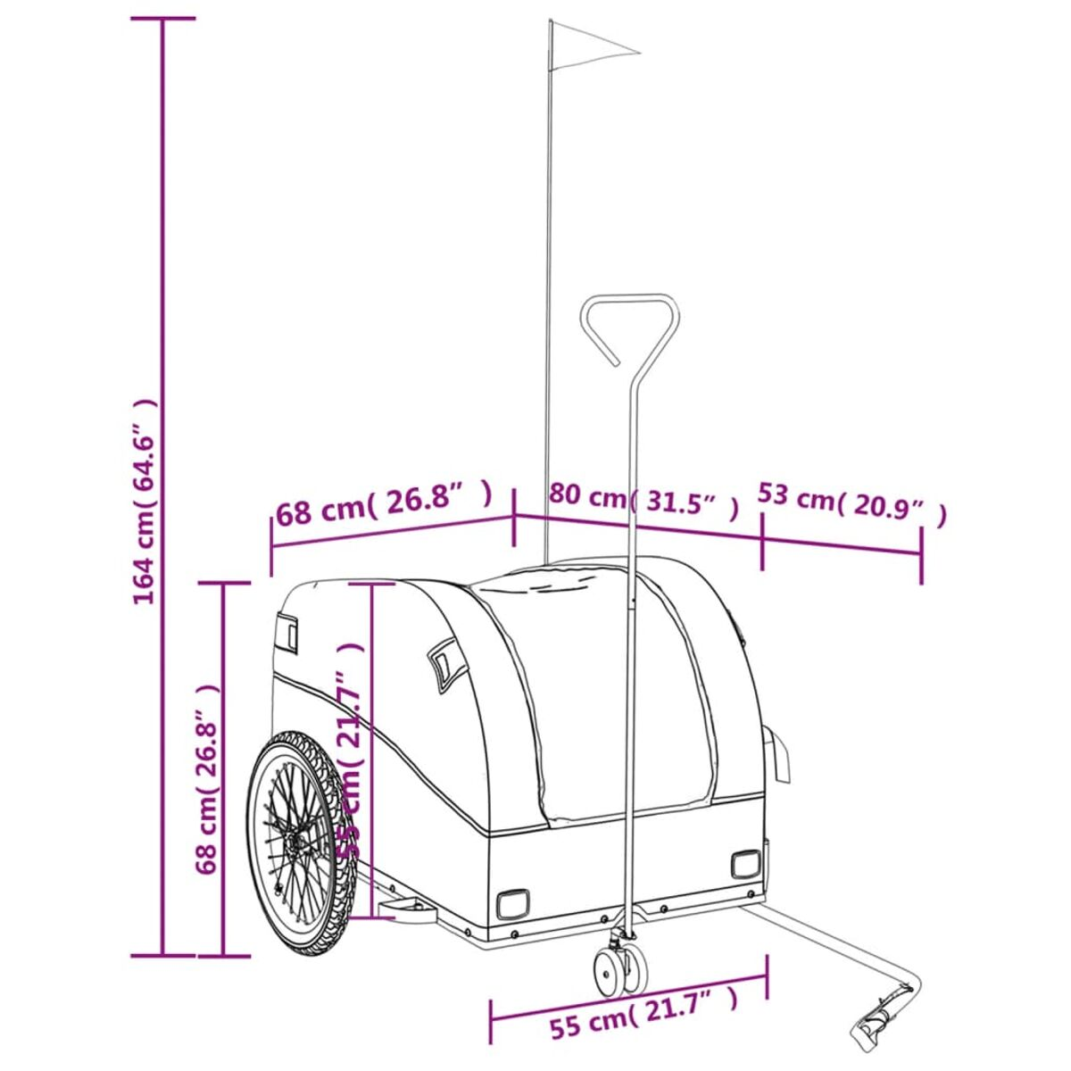 Diagramm eines Fahrradanhängers mit Abmessungen. Enthält Höhen-, Breiten- und Längenmessungen in cm und Zoll.