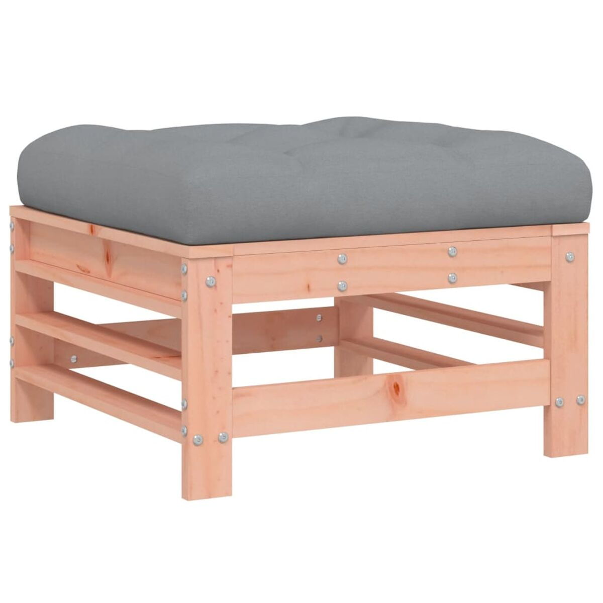 Hocker aus Holz mit grauem Kissen, isoliert auf weißem Hintergrund, Holzrahmen.