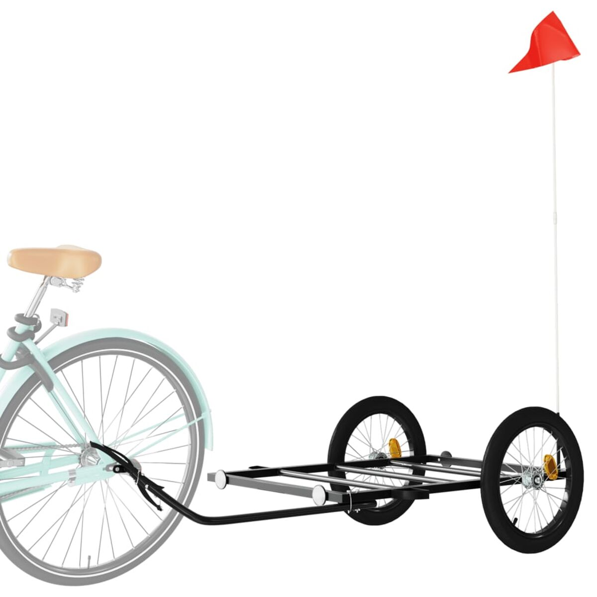 Ein Fahrrad mit Anhänger und roter Sicherheitsfahne.