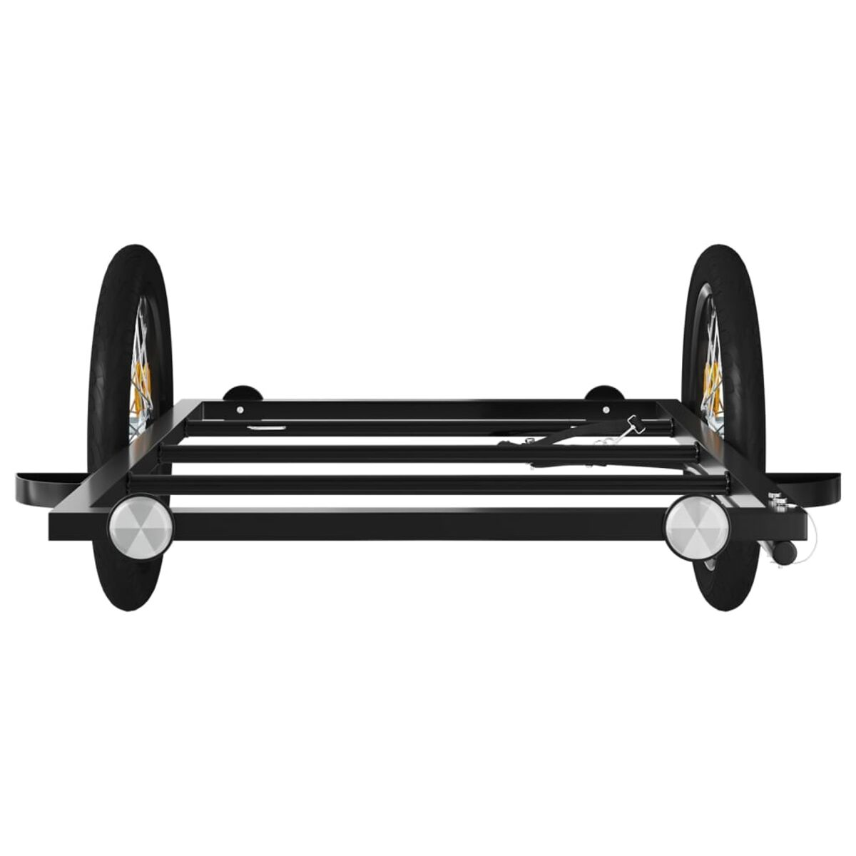 Schwarzer Fahrradanhängerrahmen mit zwei Rädern. Die Räder haben eine gelbe Mitte und schwarze Reifen.