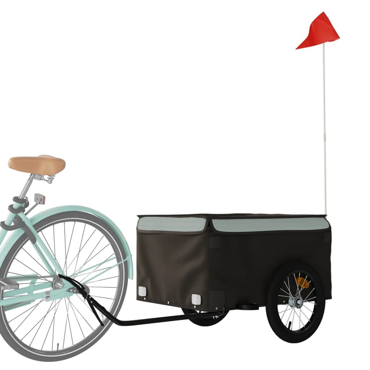 Fahrrad mit Anhänger, roter Fahne, auf weißem Hintergrund, Seitenansicht.
