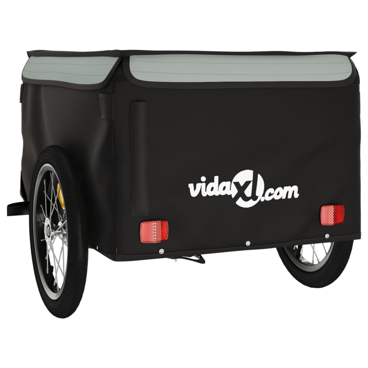 Die Rückseite eines schwarzen Fahrradanhängers mit weißem vidaXL-Logo und roten Lichtern.