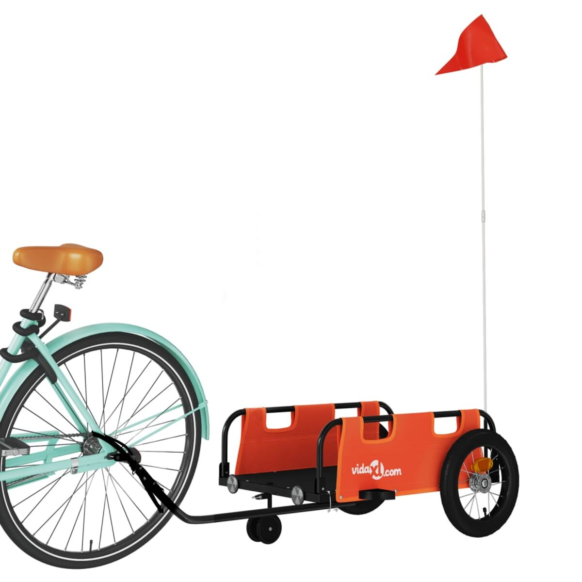 Fahrrad mit Anhänger. Der Anhänger ist orange und hat eine Fahne.