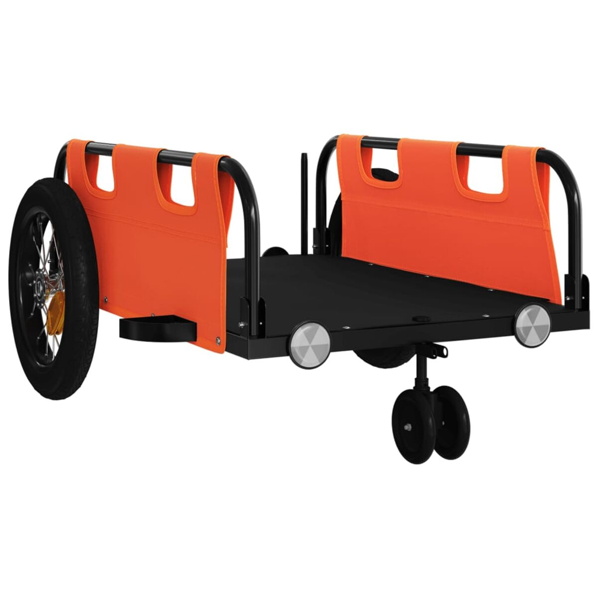 Schwarz-silberner Anhänger mit orangenen Seiten und schwarzer Basis. Ein schwarzes Rad links.