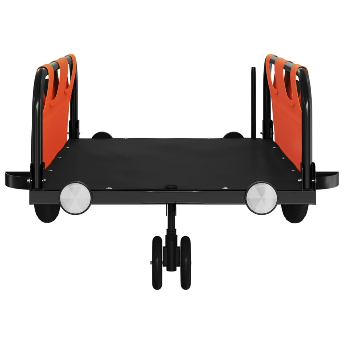 Ein schwarzer Wagen mit orangefarbenen Seiten und zwei großen silbernen Rädern, von hinten gesehen.