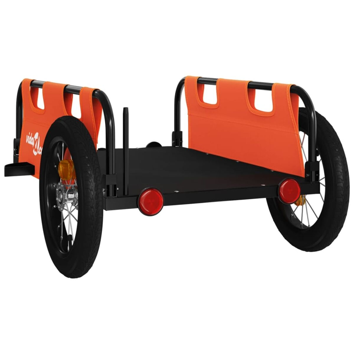 Fahrradanhänger mit orangen Seiten und schwarzem Rahmen.