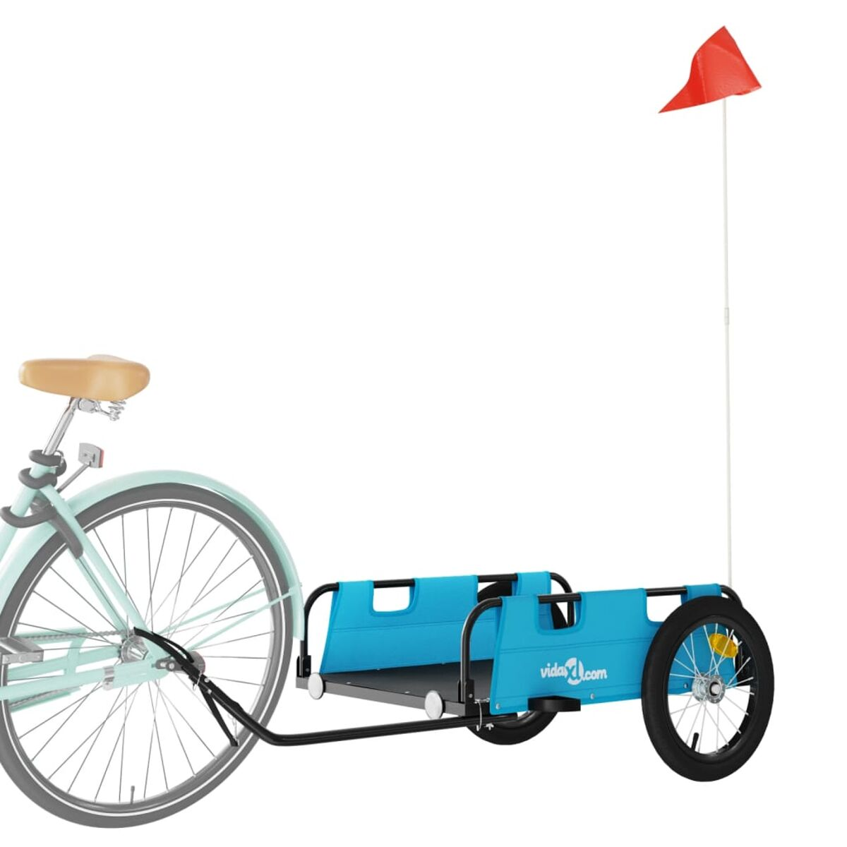 Ein Fahrrad mit blauem Anhänger. Der Anhänger hat eine rote Fahne an einer weißen Stange.