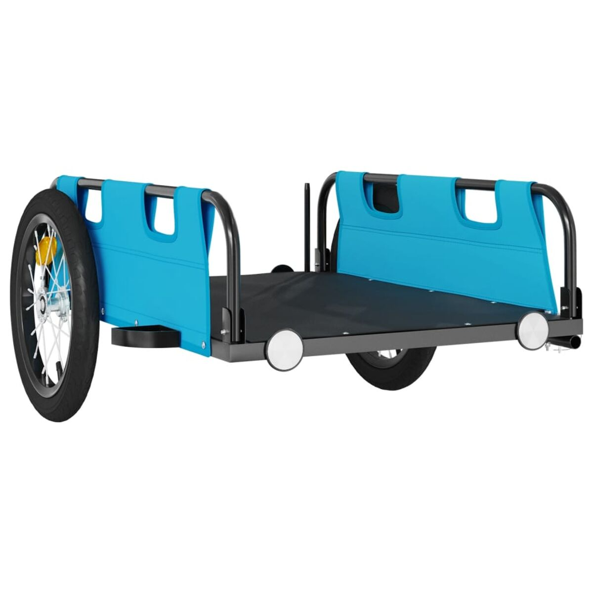 Schwarzer Anhänger mit blauen Seiten und einem einzelnen Rad. Er hat eine Ladefläche zum Transportieren von Gegenständen.