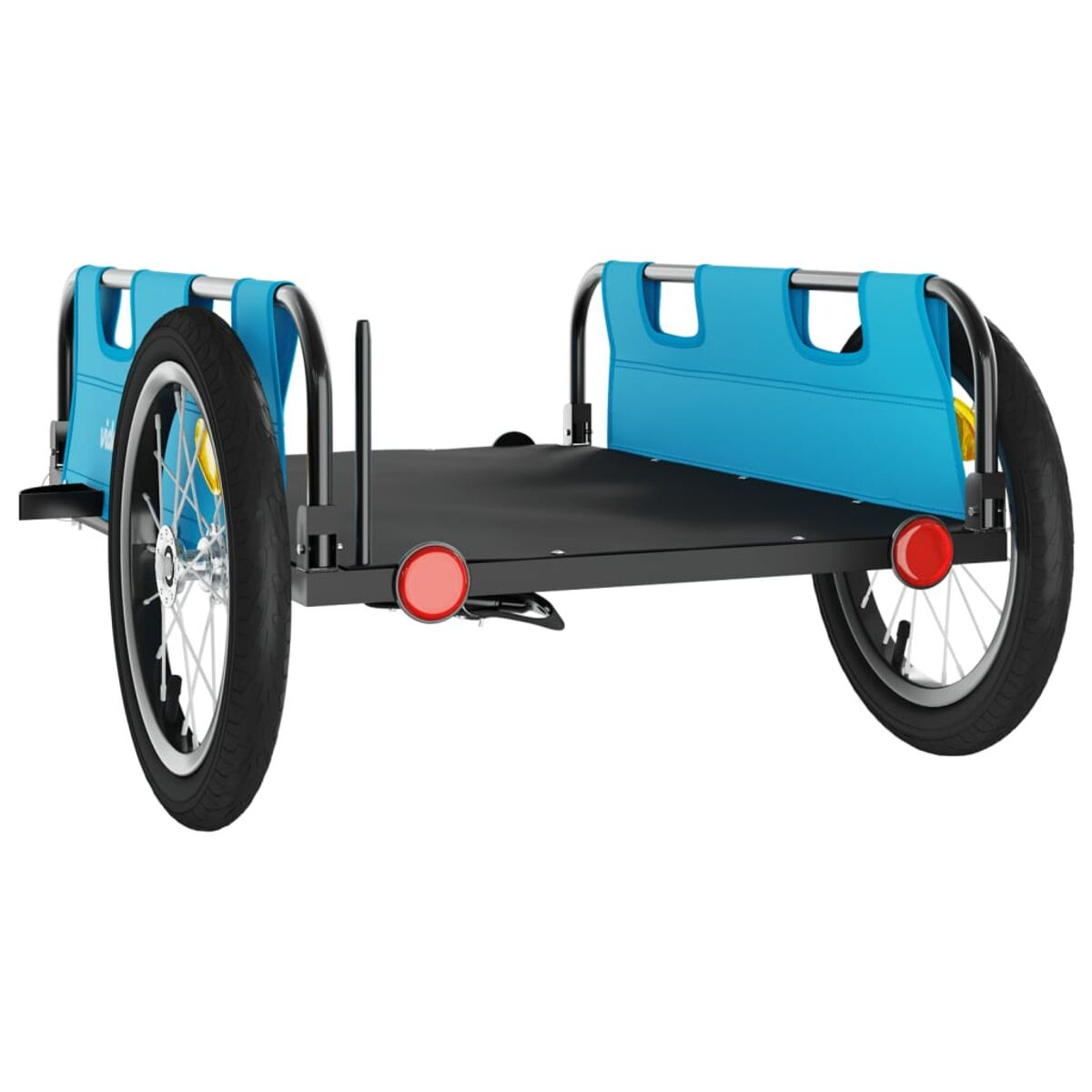 Rückansicht eines blau-schwarzen Fahrradanhängers mit roten Reflektoren. Zwei Räder.