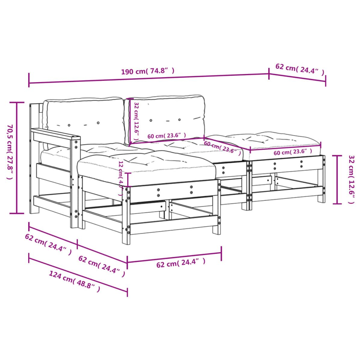 Ein Holzsofa mit weißen Kissen und markierten Abmessungen.