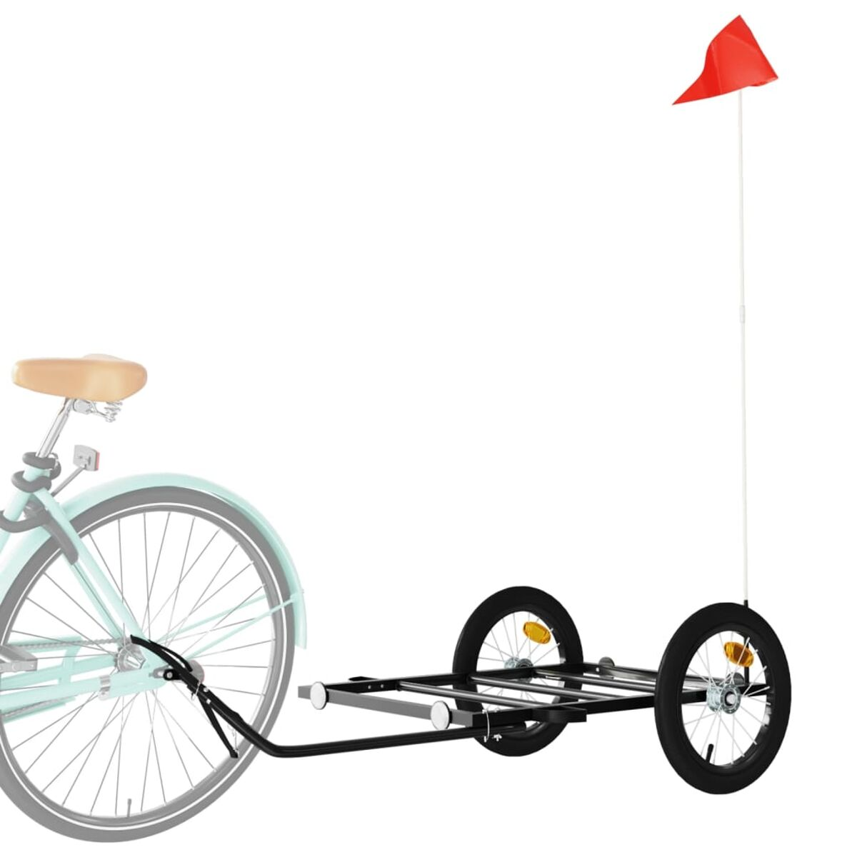 Fahrradanhänger an einem Fahrrad befestigt. Rote Fahne hinten. Weißer Hintergrund.