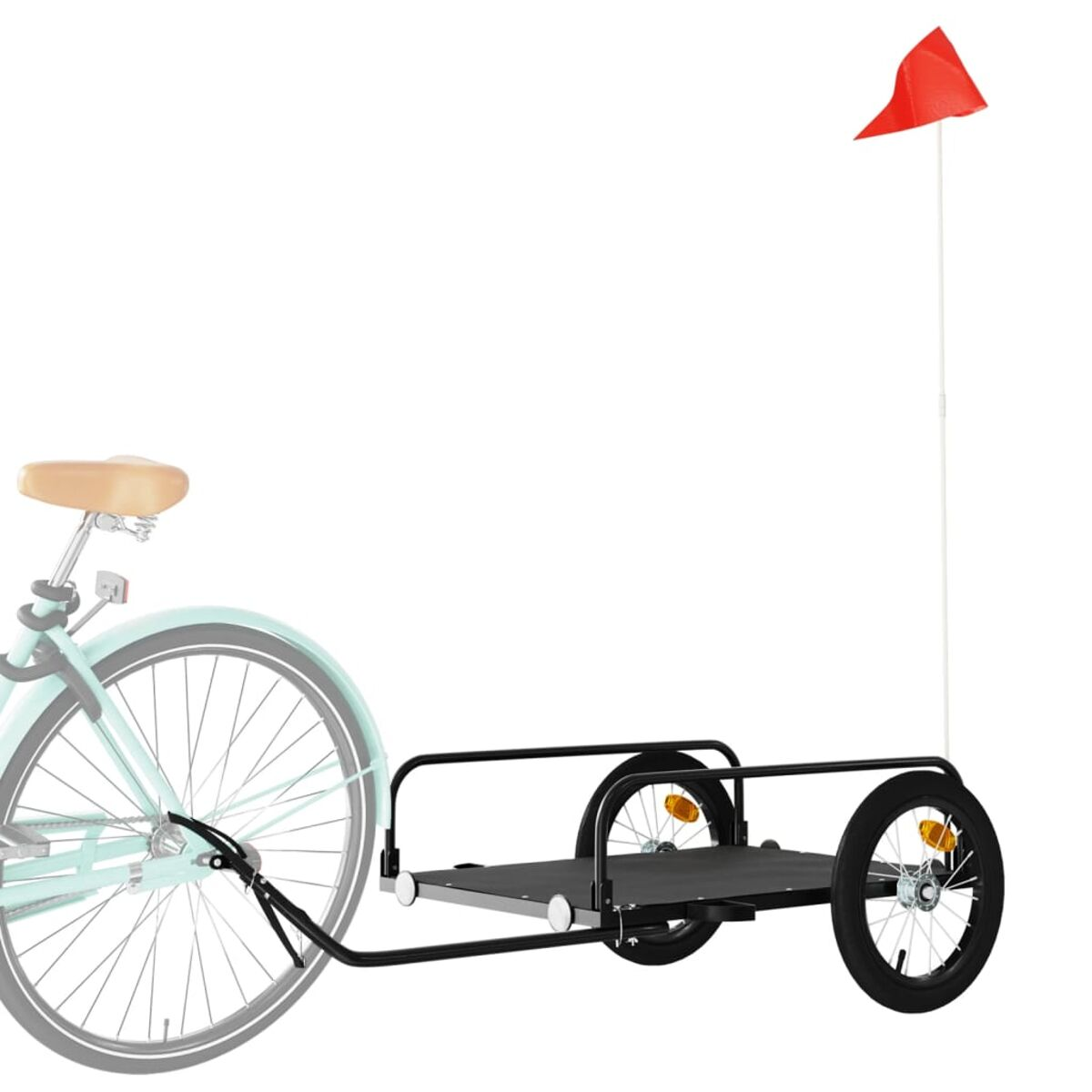 Ein Fahrrad mit einem schwarzen Anhänger. Der Anhänger hat eine Flagge. Weißer Hintergrund.