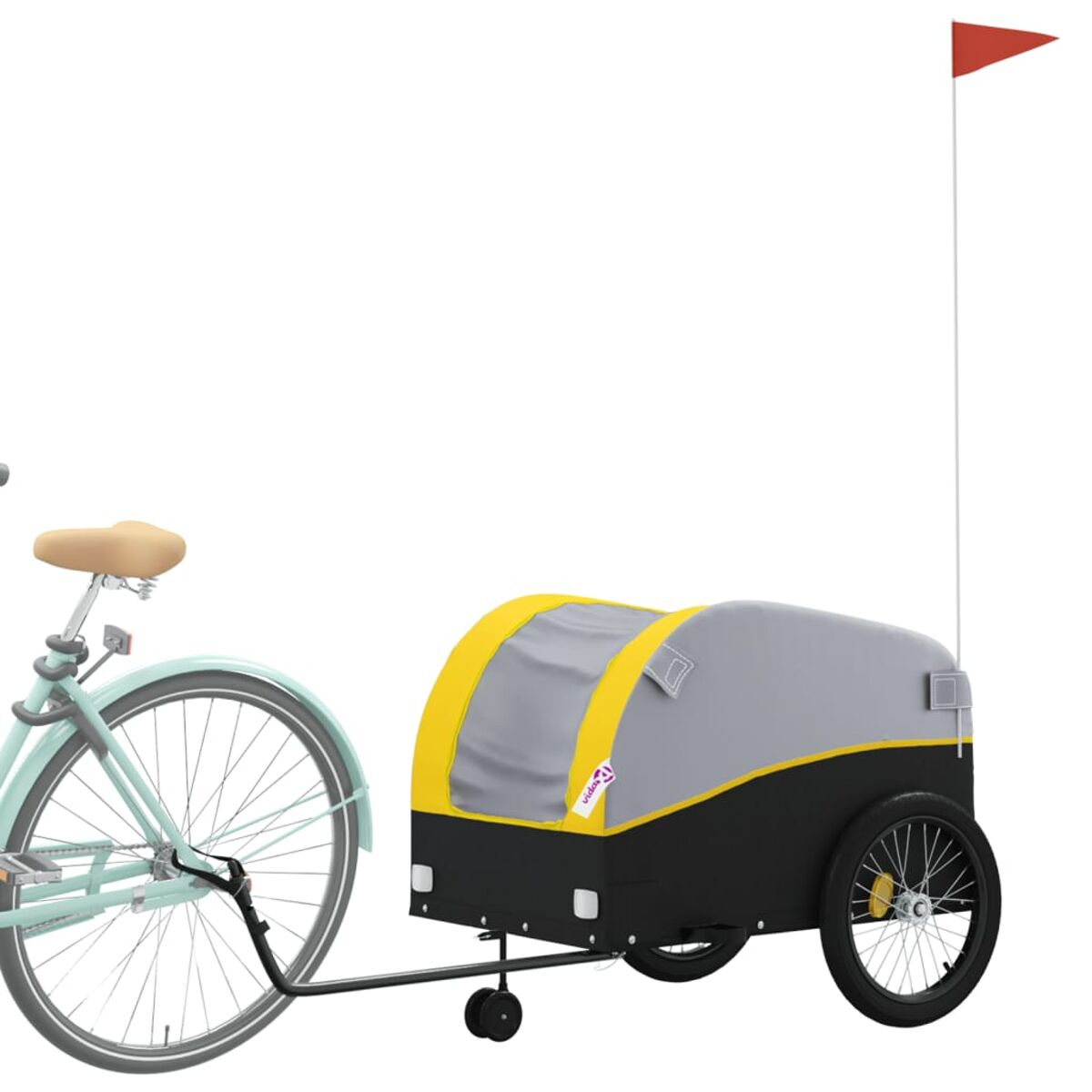 Ein Fahrrad mit Anhänger. Der Anhänger ist grau, gelb und schwarz.