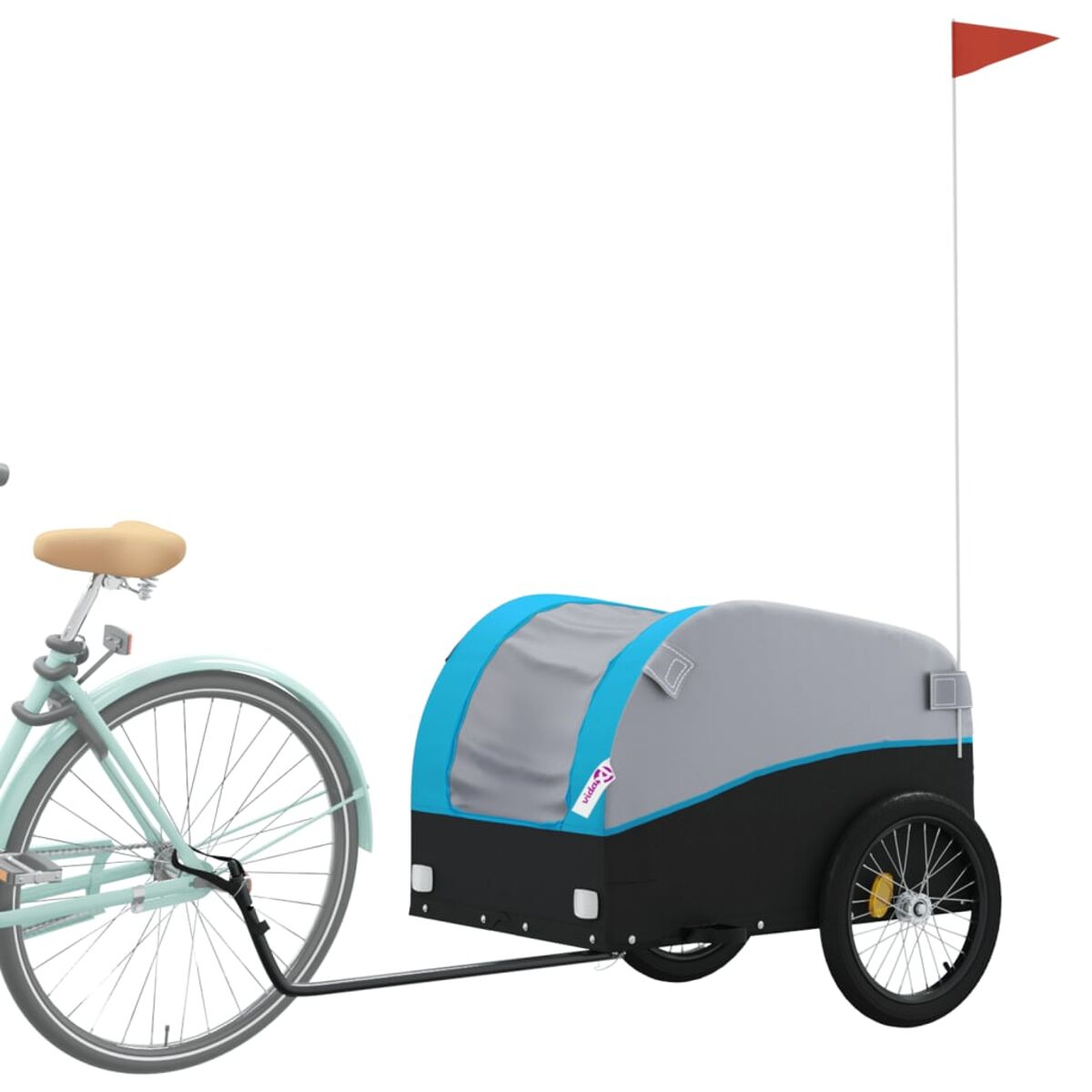 Ein Fahrrad zieht einen grau-schwarzen Anhänger mit blauem Dach. Der Hintergrund ist weiß.