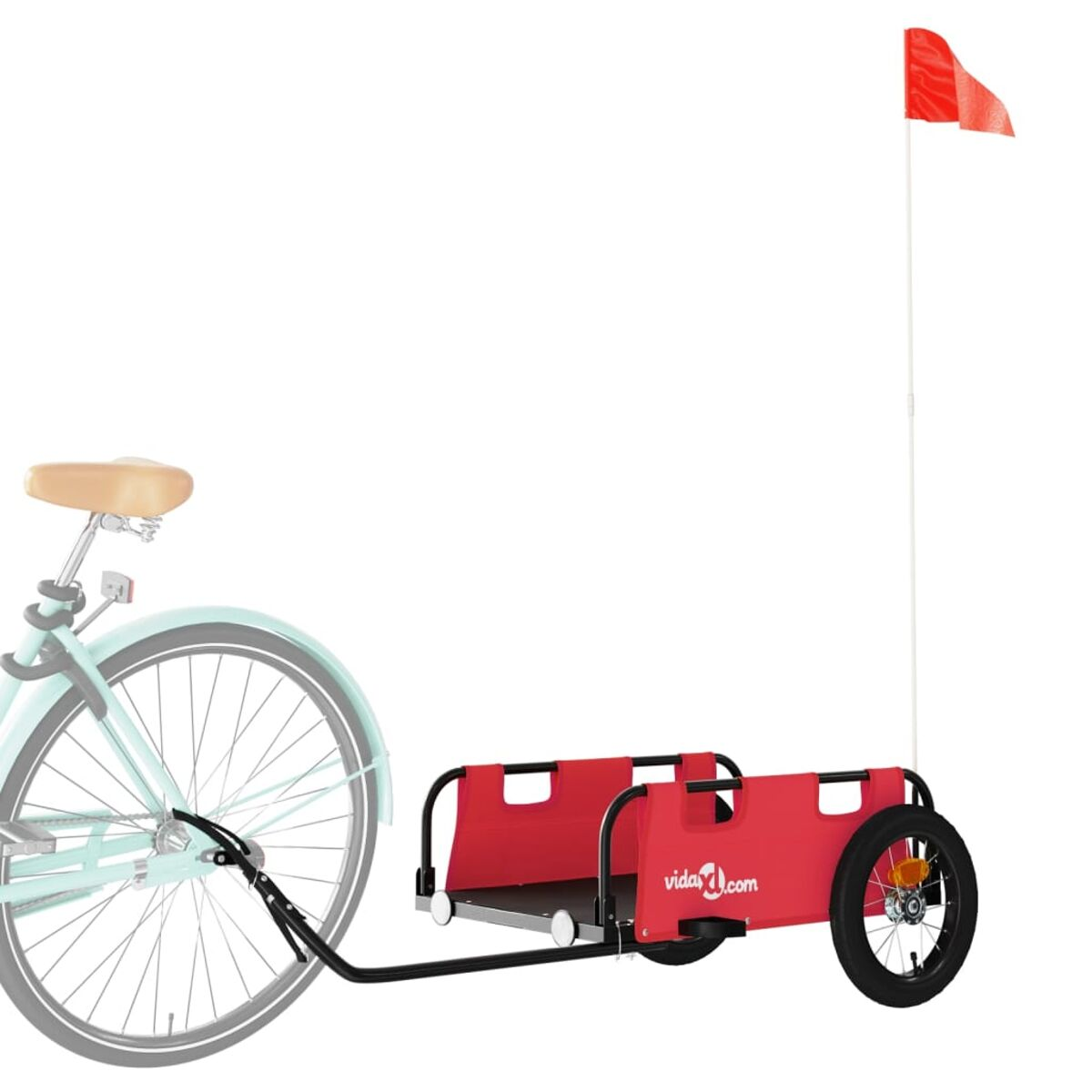 Roter Fahrradanhänger an einem Fahrrad befestigt. Mit roter Flagge und vidaXL Logo.