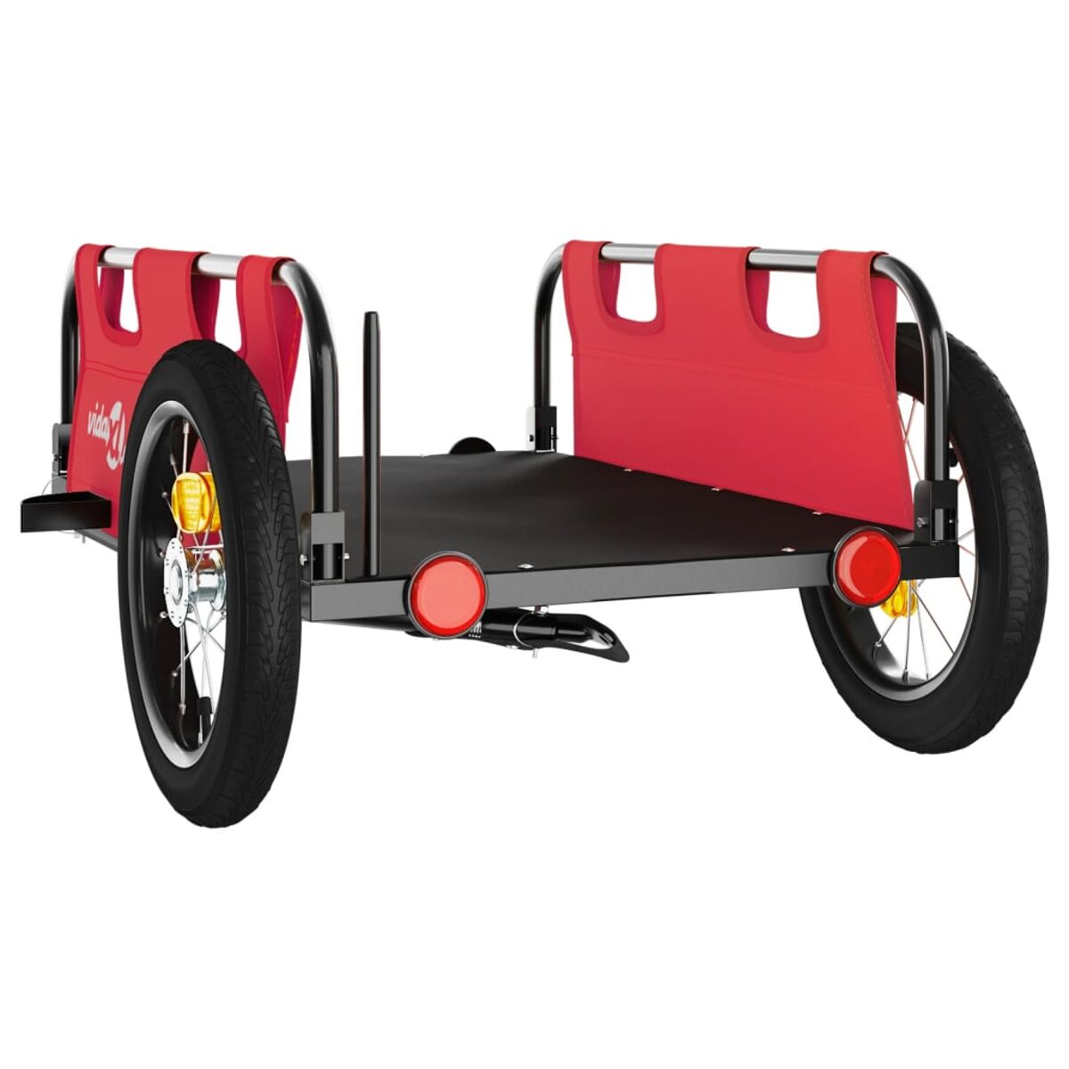 Roter und schwarzer Fahrradanhänger mit zwei Rädern und roten Seiten.
