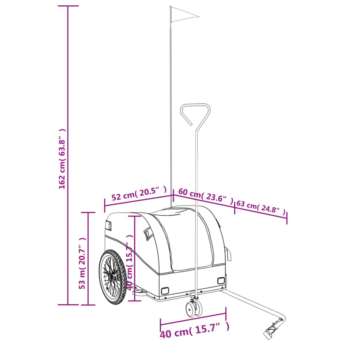 Diagramm eines Anhängers mit Maßen. Merkmale sind eine Flagge und Abmessungen in cm und Zoll.