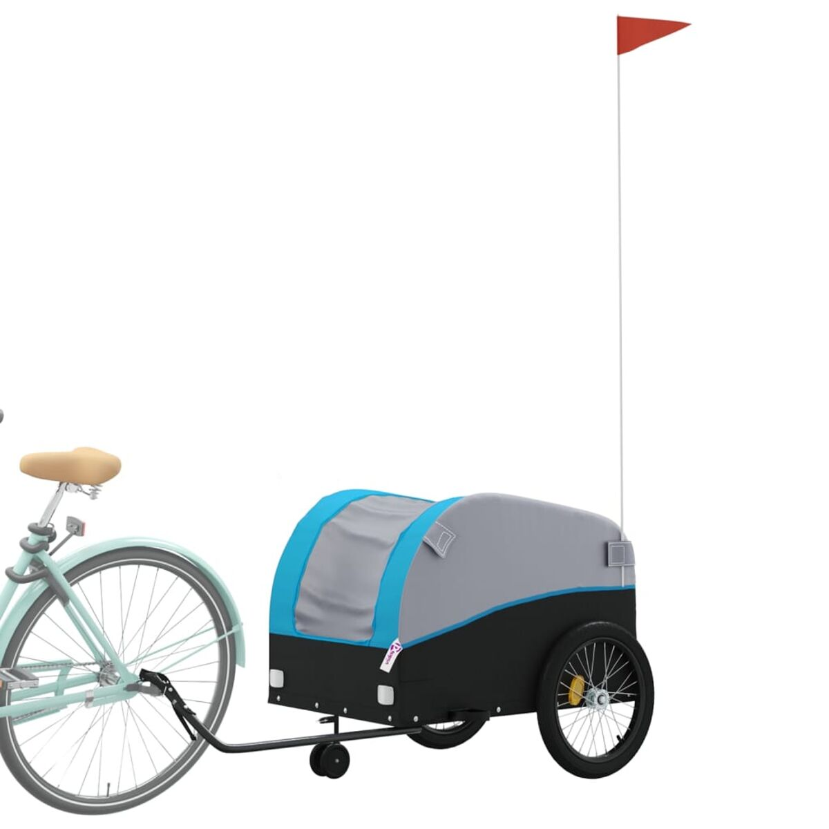 Ein blaues Fahrrad zieht einen überdachten Anhänger mit roter Flagge. Weißer Hintergrund.
