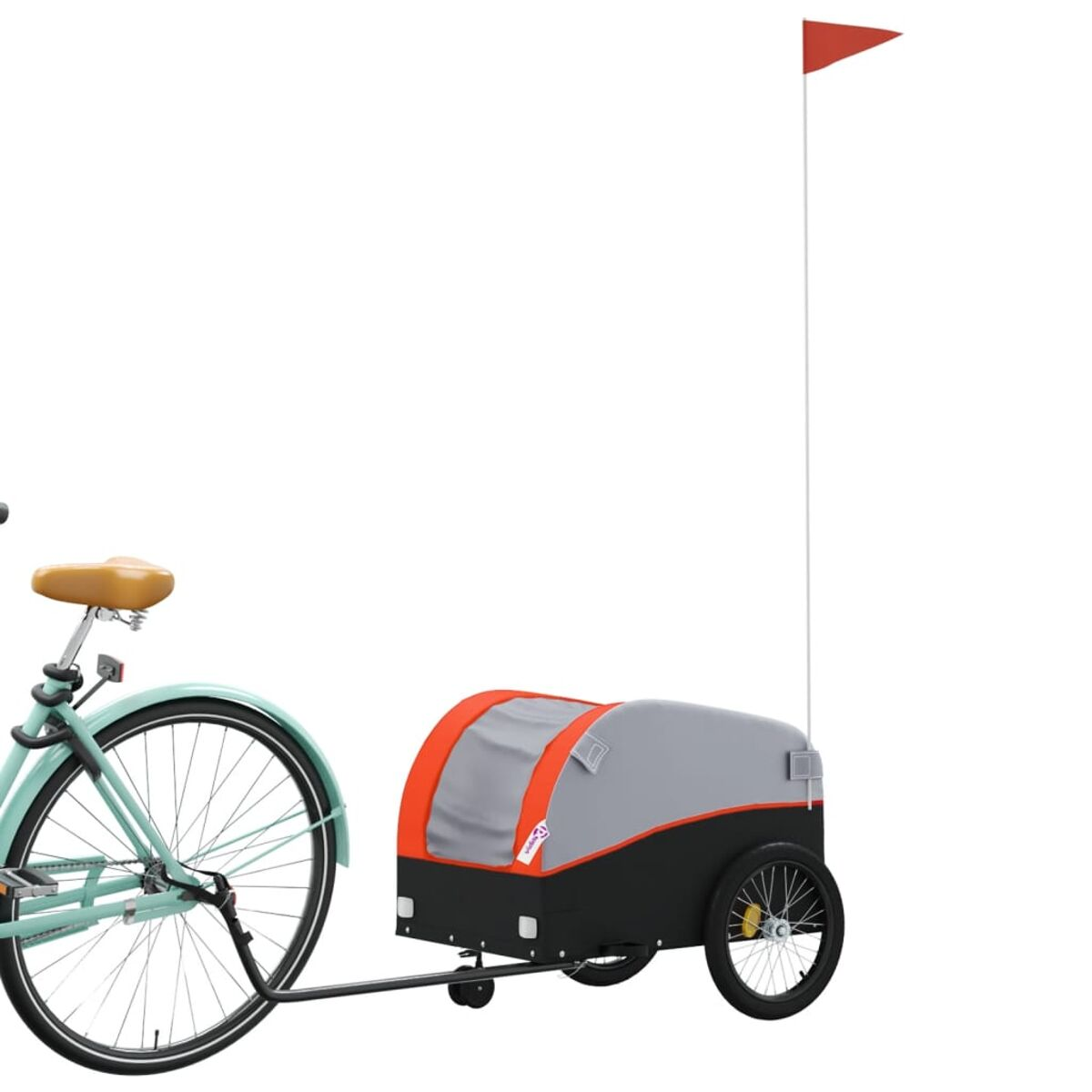Fahrrad mit Anhänger. Der Anhänger ist grau, orange und schwarz.
