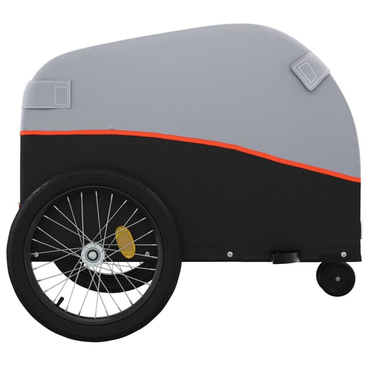 Grauer und schwarzer Anhänger für ein Fahrrad. Anhänger hat ein Rad, gewölbte Oberseite, orangefarbener Streifen.
