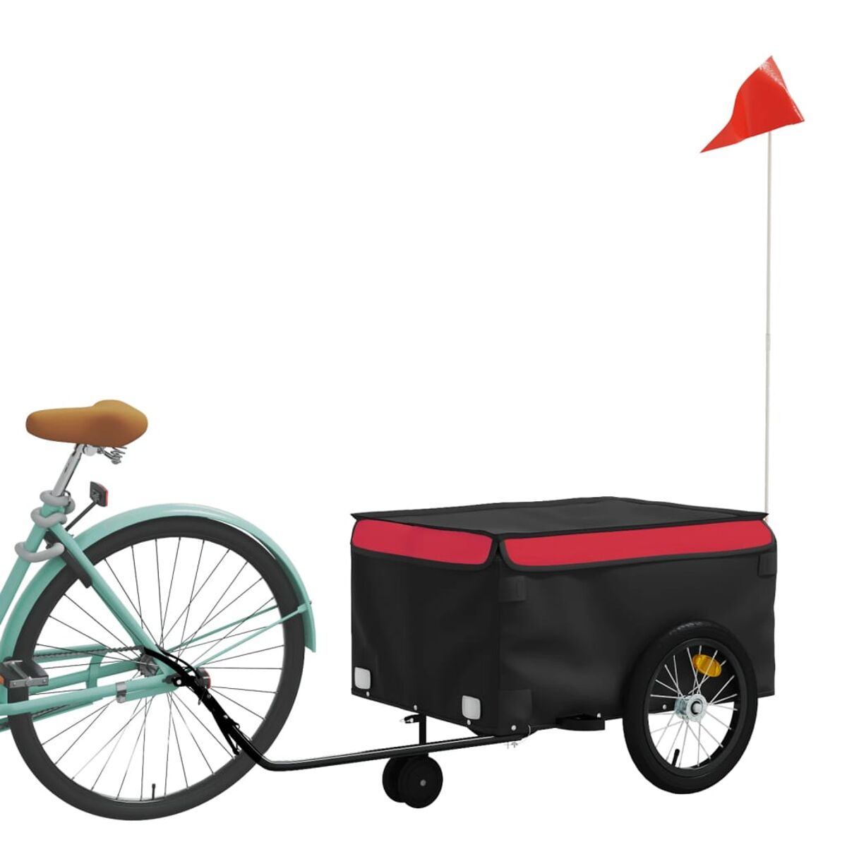 Fahrrad und Anhänger mit schwarzem Container und roter Flagge. Das Fahrrad links.