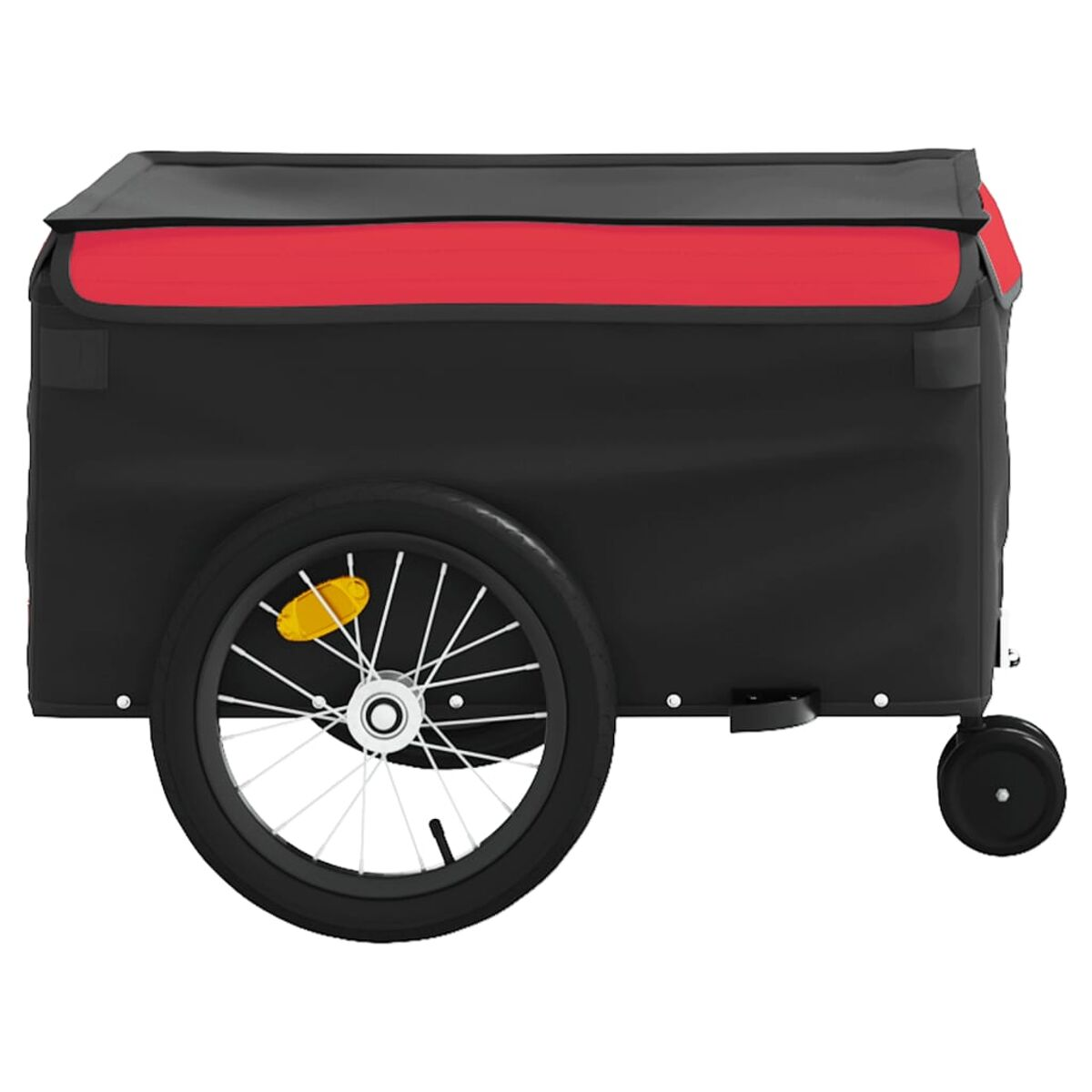 Schwarz-roter Anhänger mit Rad. Es hat einen schwarzen Körper und eine rote Oberseite.