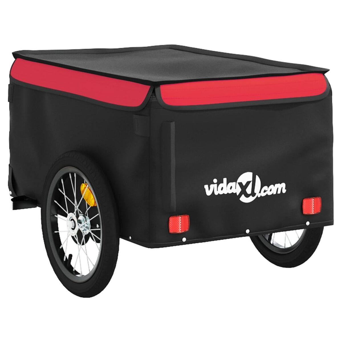 Rückansicht eines schwarz-roten Fahrradanhängers. Mit vidaXL-Logo, Reflektoren und rotem Dach.