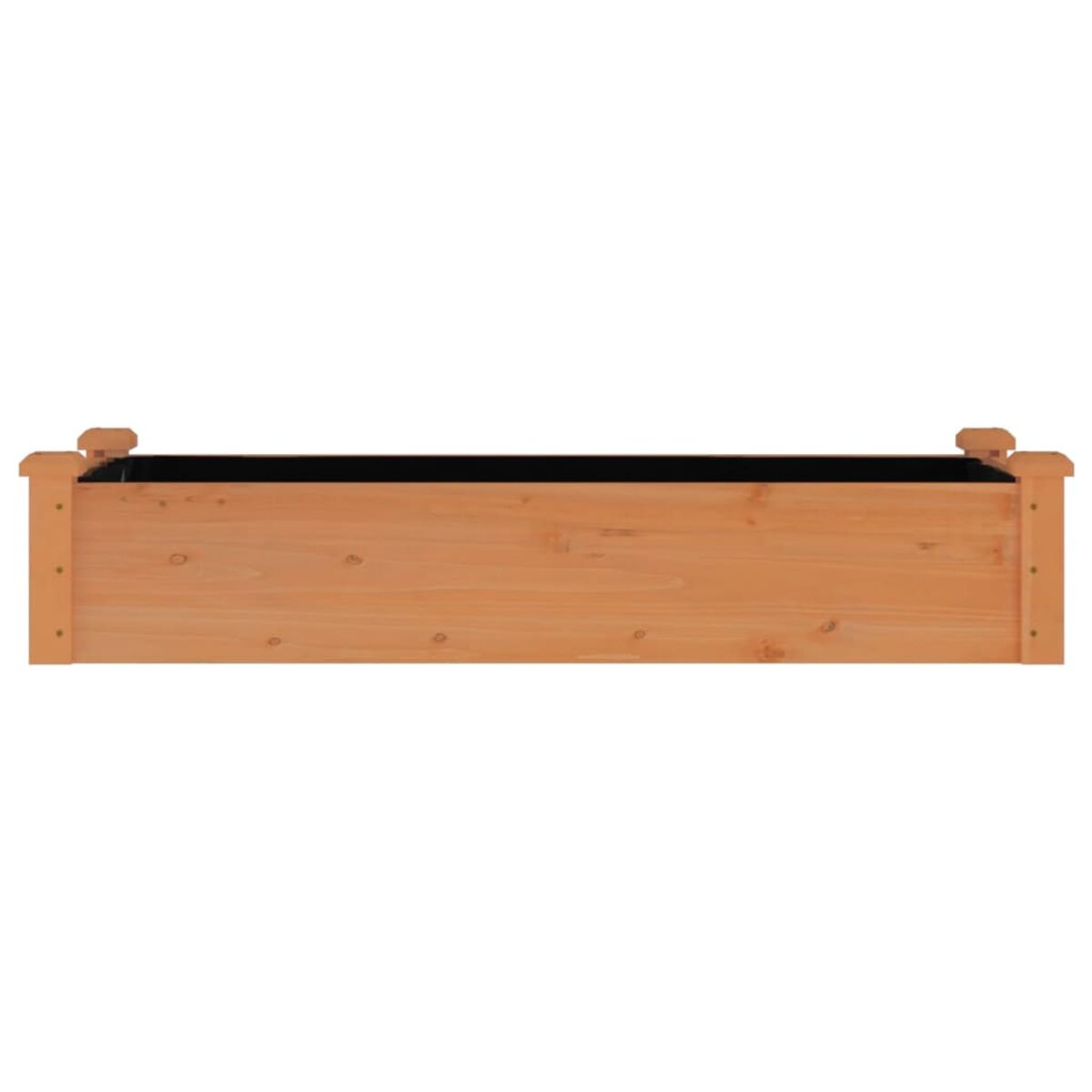 Lange Holz-Pflanzkasten, leer, mit schwarzem Innenraum und hellbraunem Äußeren.