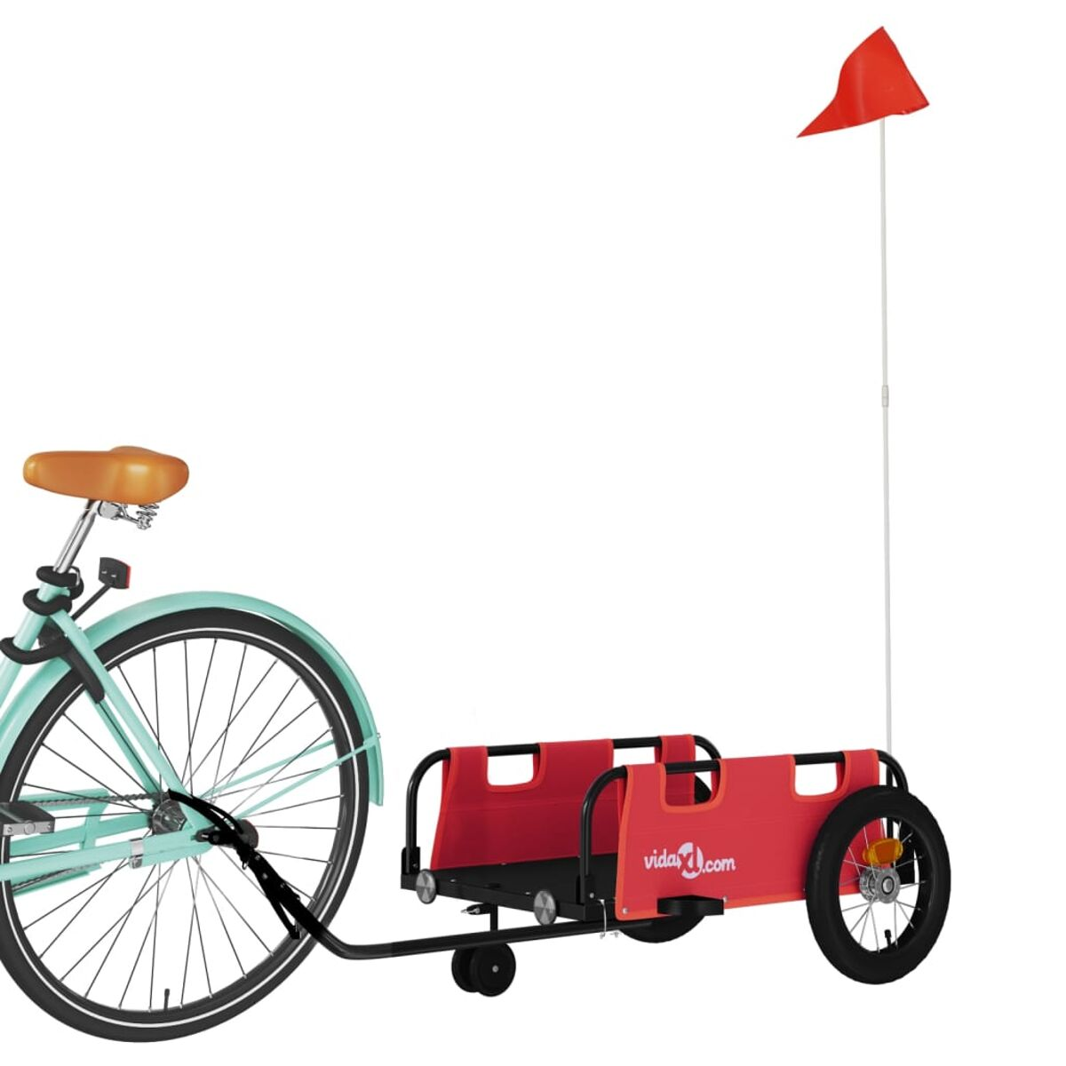 Ein türkisfarbenes Fahrrad zieht einen roten Anhänger mit roter Flagge.