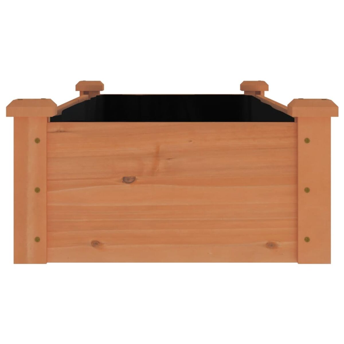 Pflanzkasten aus Holz. Hellbraune Farbe. Einfaches Design. Schrauben an den Seiten sichtbar. Draufsicht.
