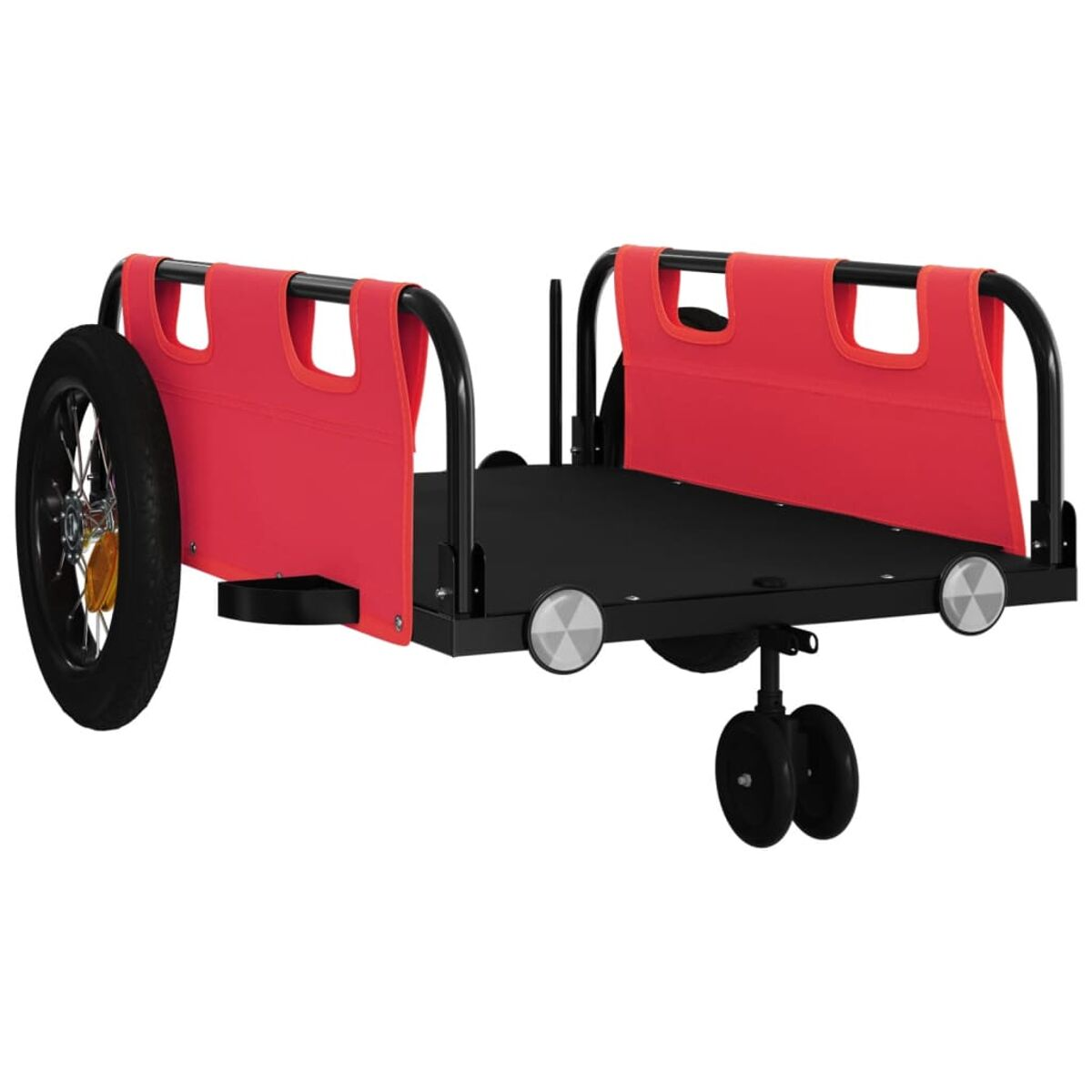 Ein schwarzer Wagen mit roten Seitenwänden und einem einzelnen Rad.