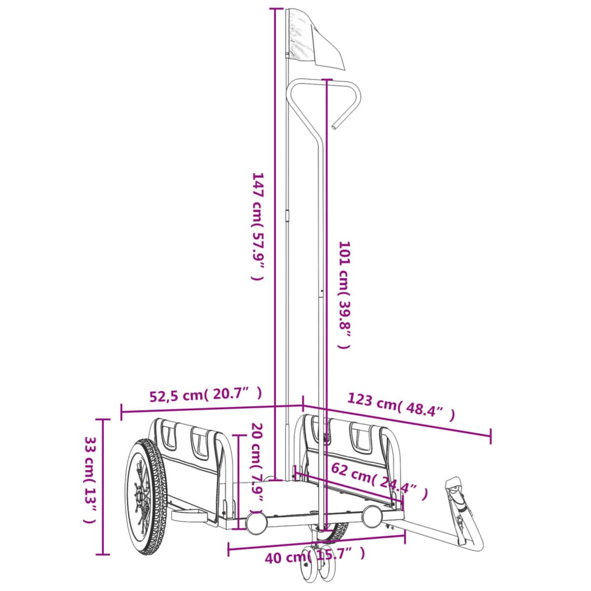 Diagramm mit Abmessungen eines Lastenanhängers.
