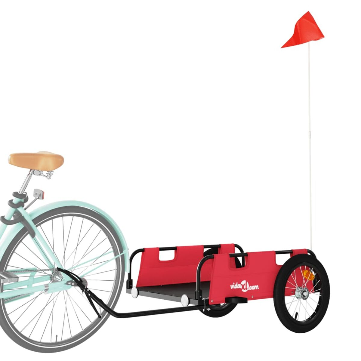 Ein Fahrrad mit rotem Anhänger. Eine rote Flagge ist am Anhänger. Weißer Hintergrund.