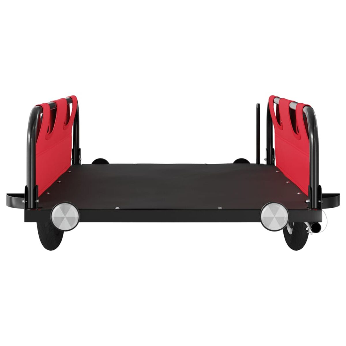 Schwarzer Lastenanhänger für Fahrräder, Unteransicht, mit Rädern und roten Seiten.