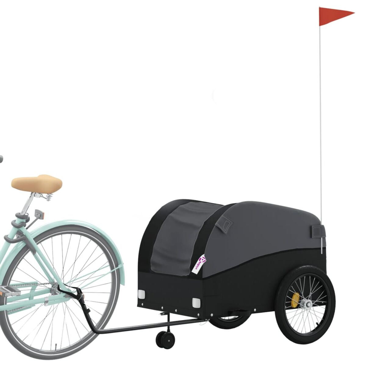 Ein Fahrrad mit Anhänger. Der Anhänger ist schwarz und grau mit einer roten Fahne oben.