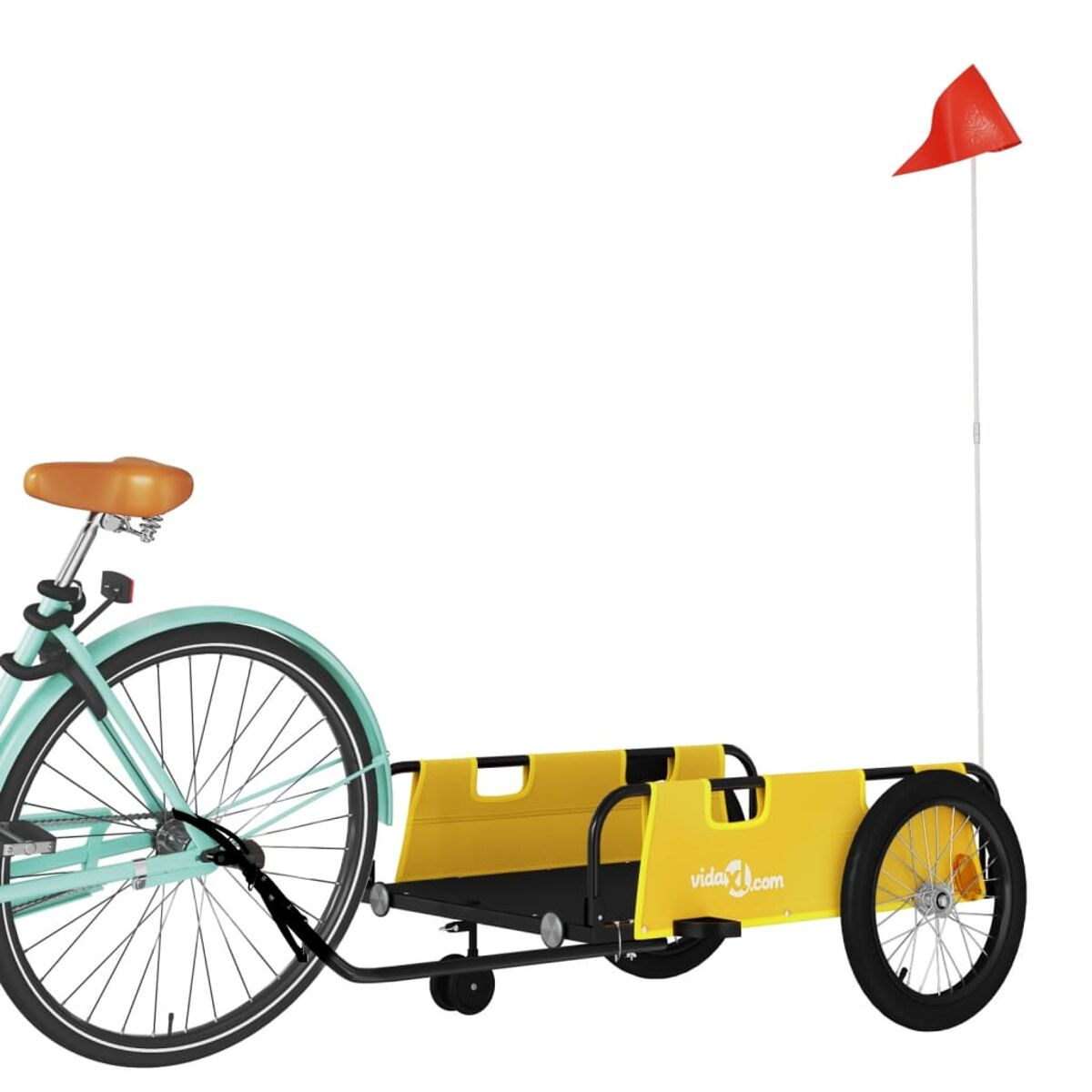 Hellblaues Fahrrad mit gelbem Anhänger. Am Heck des Anhängers ist eine rote Flagge an einer Stange.
