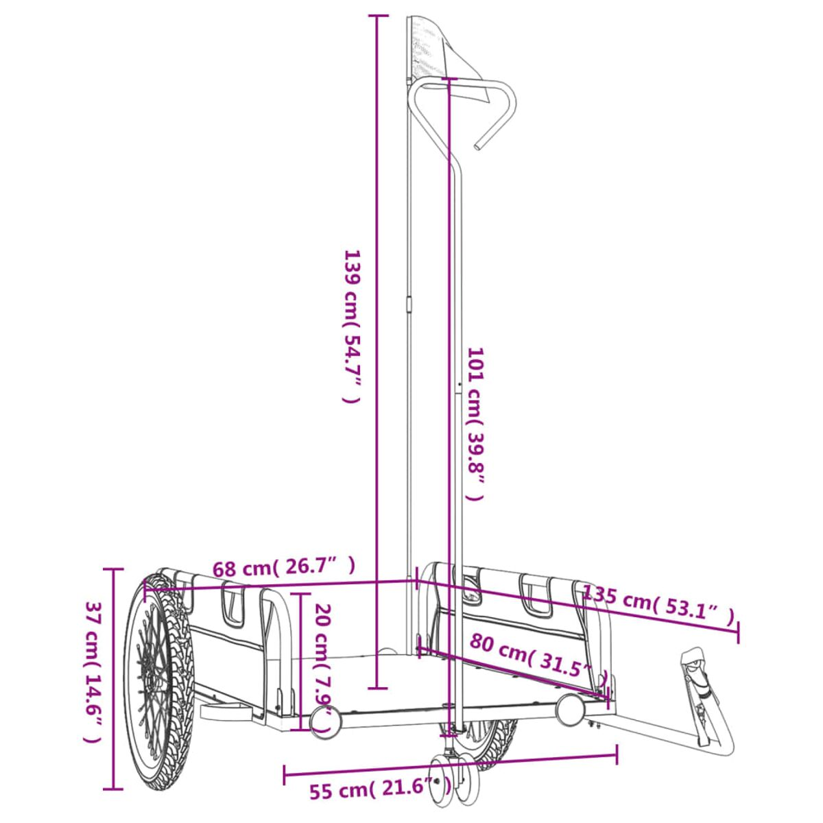 Diagramm eines Anhängers. Zeigt Abmessungen in cm und Zoll für Höhe und Länge.