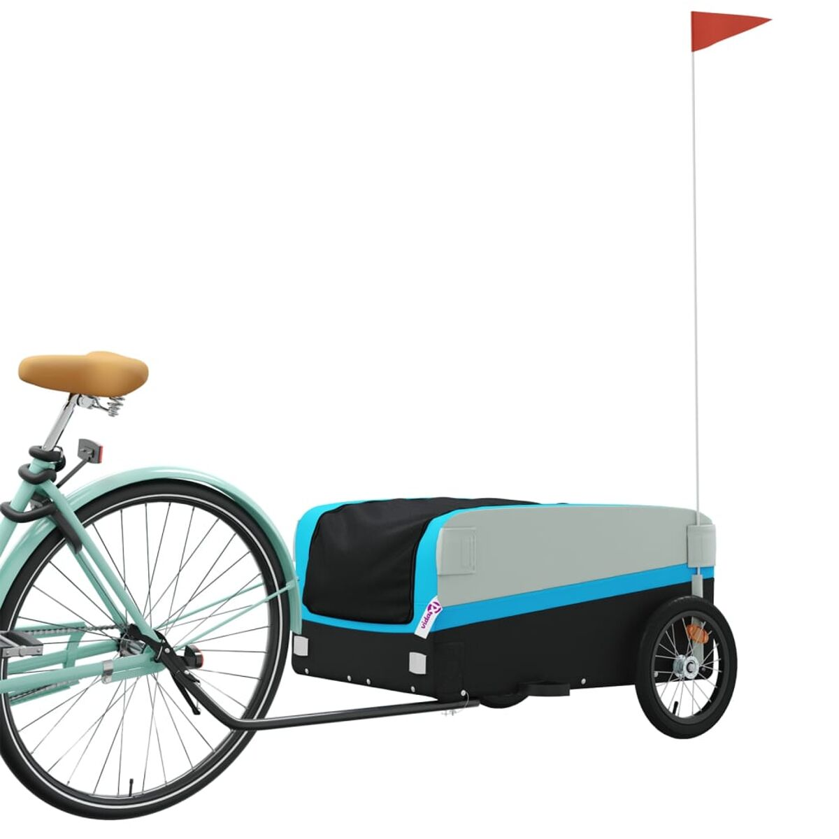Ein Fahrrad, das mit einem Anhänger verbunden ist. Der Anhänger ist blau, grau und schwarz.
