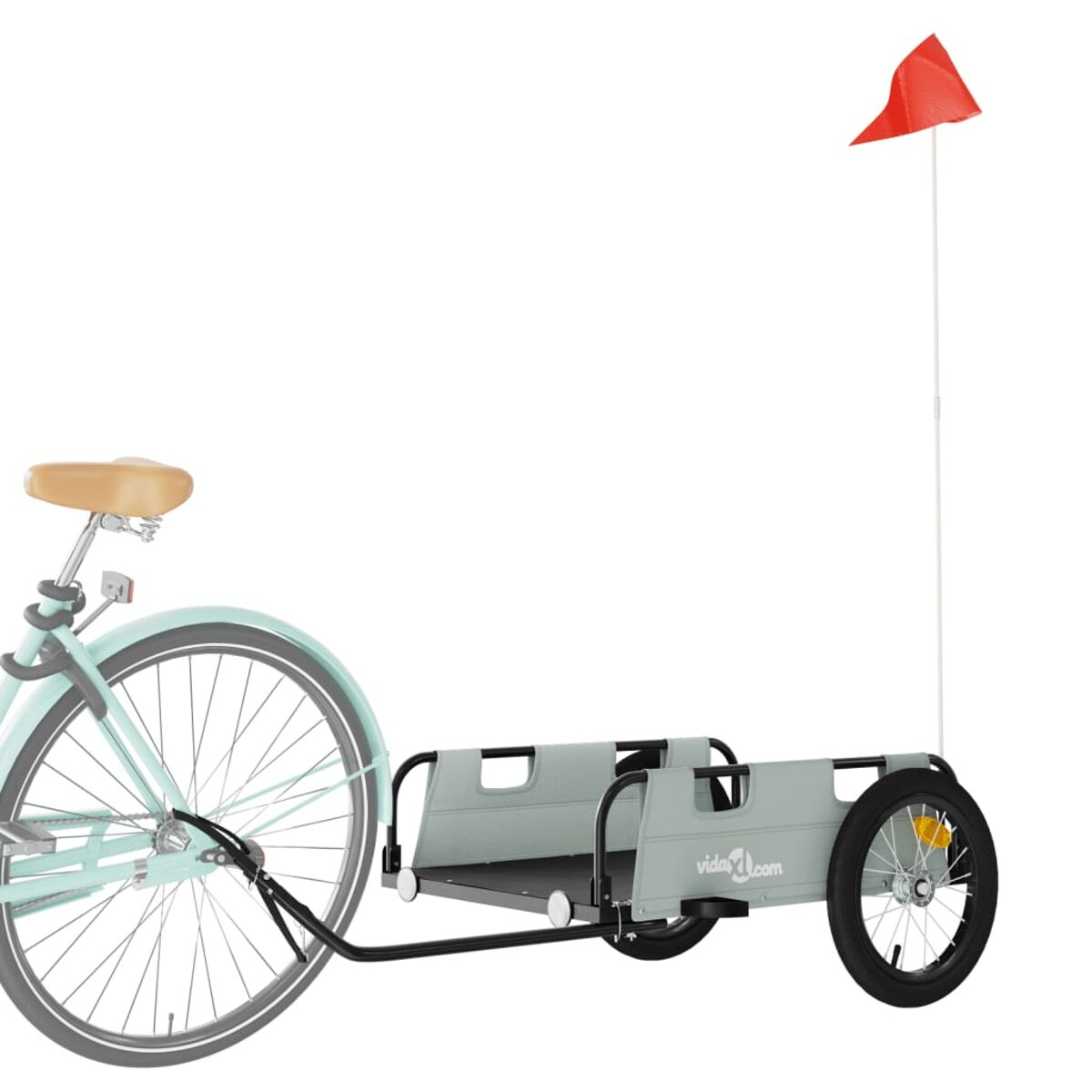 Blaues Fahrrad mit grauem Anhänger und roter Fahne.