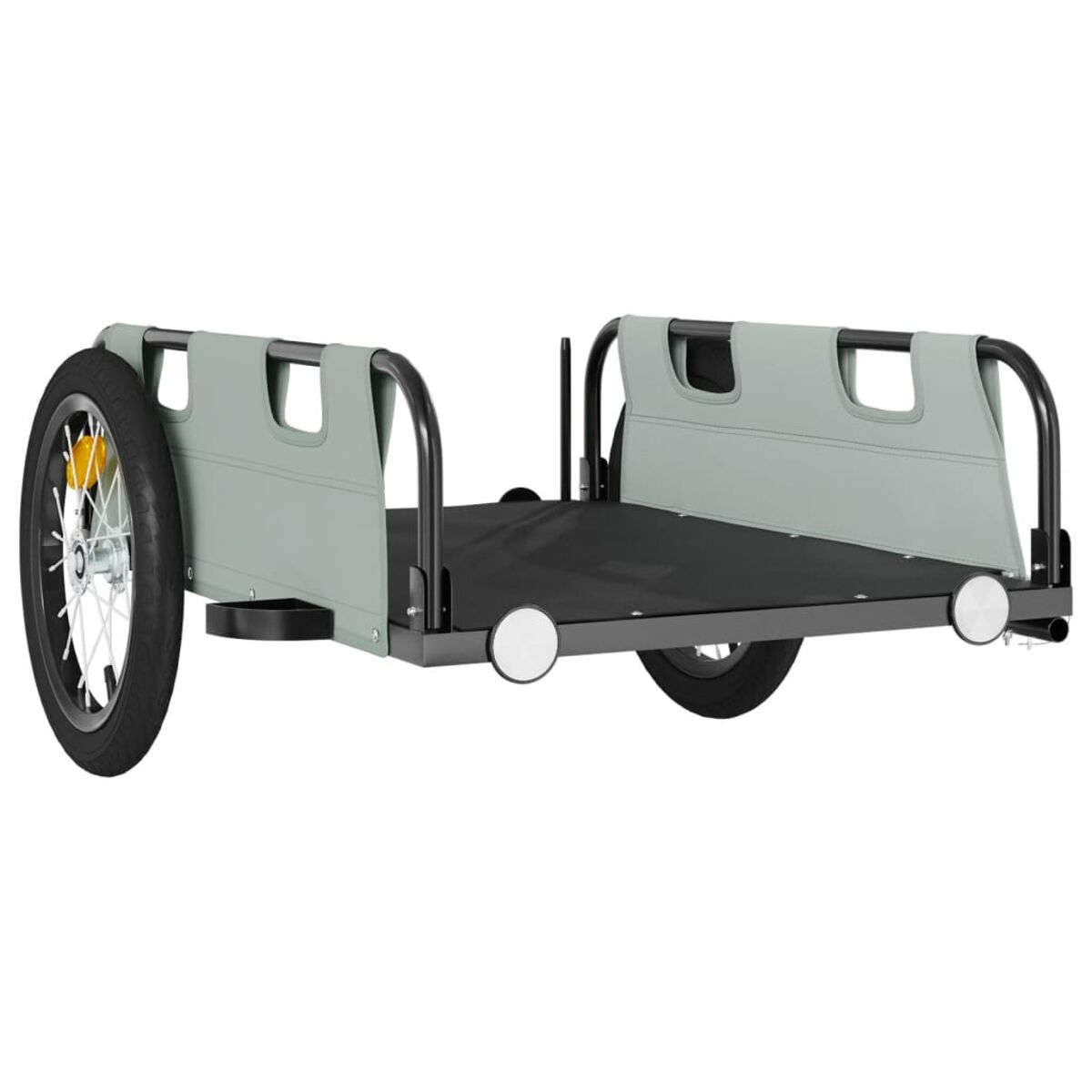 Grauer Fahrradanhänger mit offenen Seiten und Plattform, zeigt Design und Struktur.