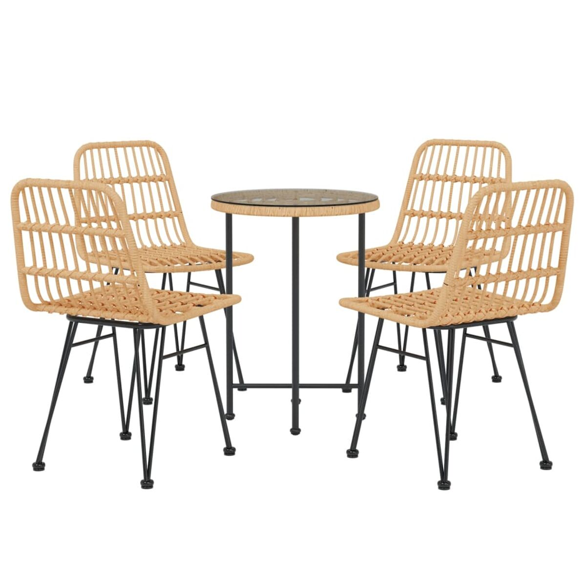 Vier Stühle und ein Tisch mit Glasplatte, mit weißem Hintergrund.