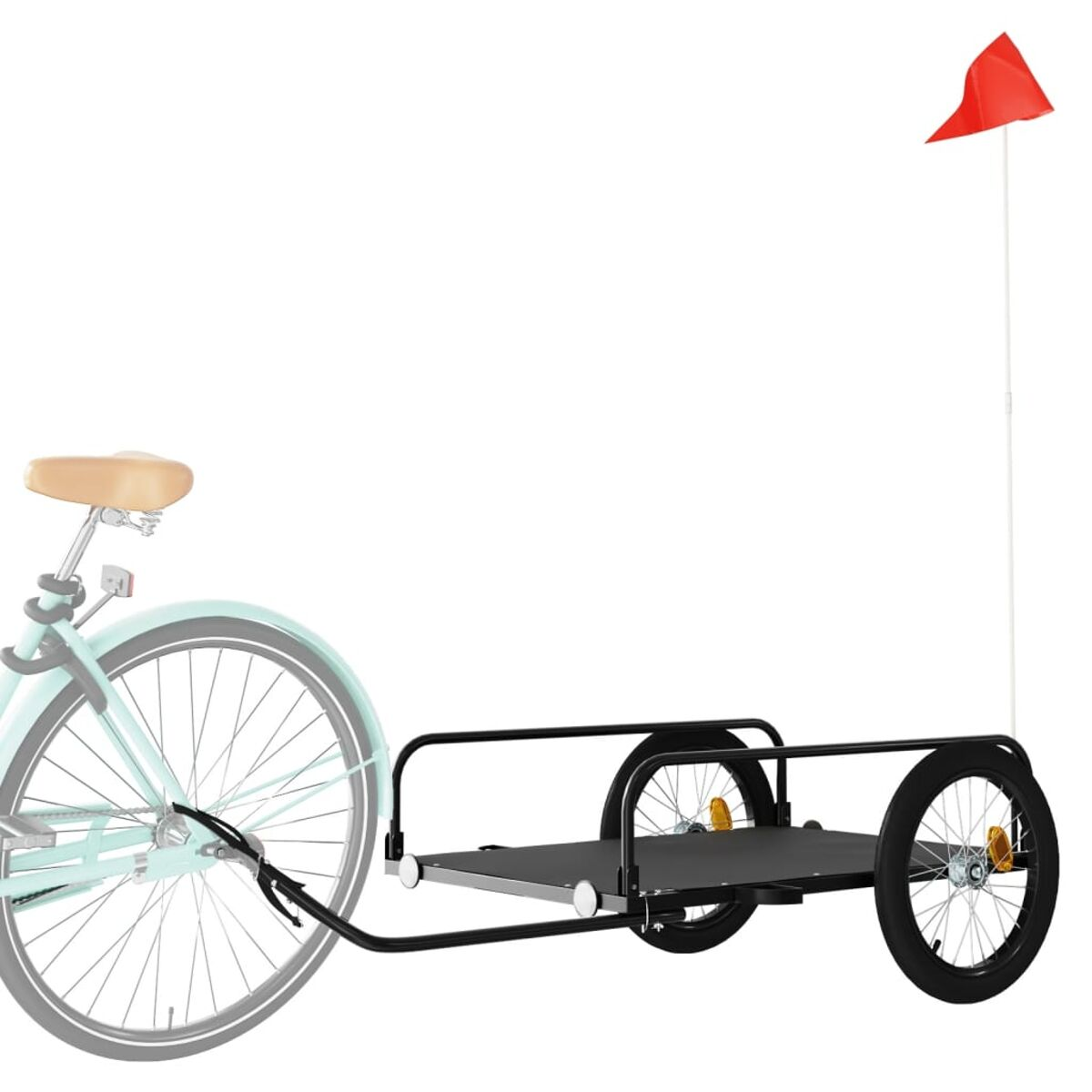 Ein Fahrrad und ein Pritschenanhänger mit roter Flagge, schwarzem Rahmen und zwei Rädern.