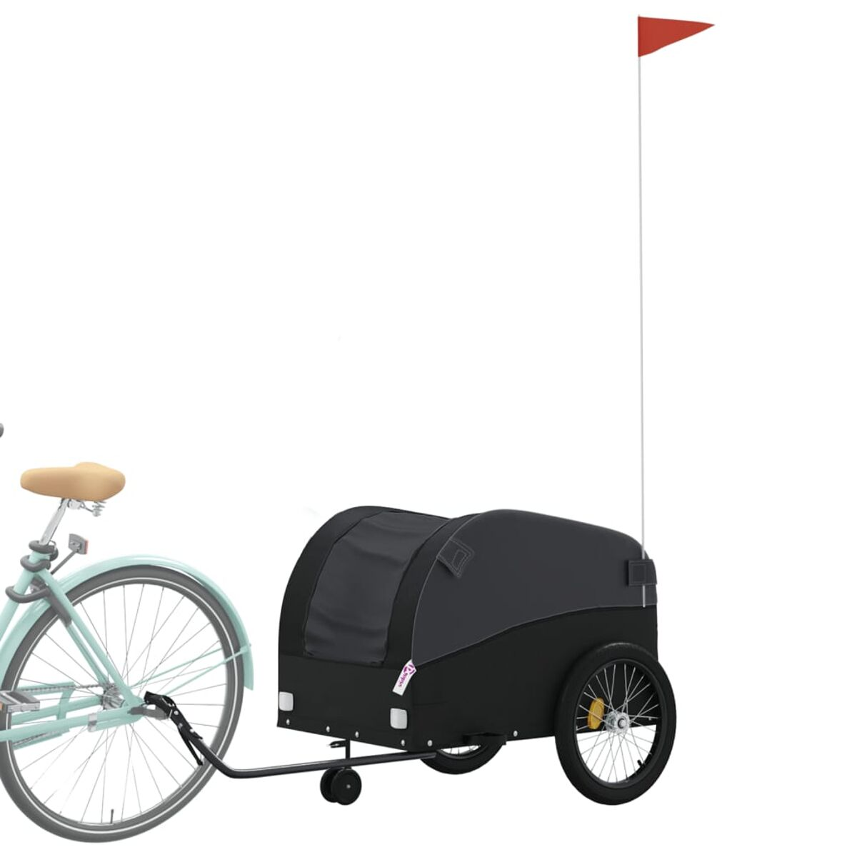 Ein Fahrrad, das einen schwarzen Anhänger mit roter Flagge zieht.
