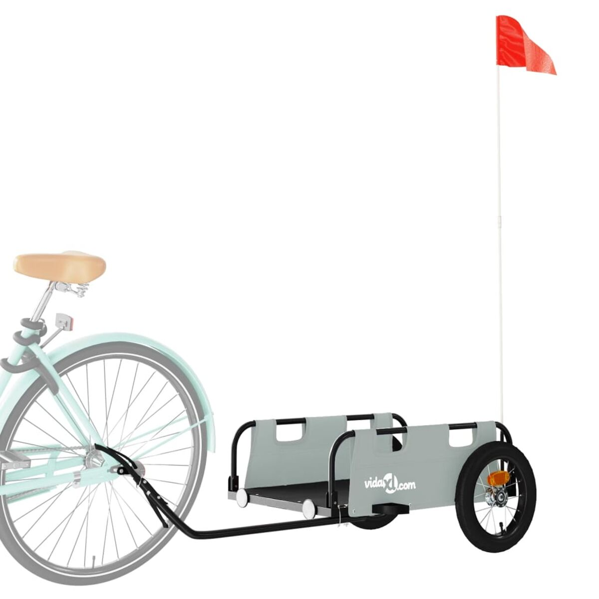 Fahrrad mit Anhänger. Eine rote Fahne ist am Anhänger befestigt.