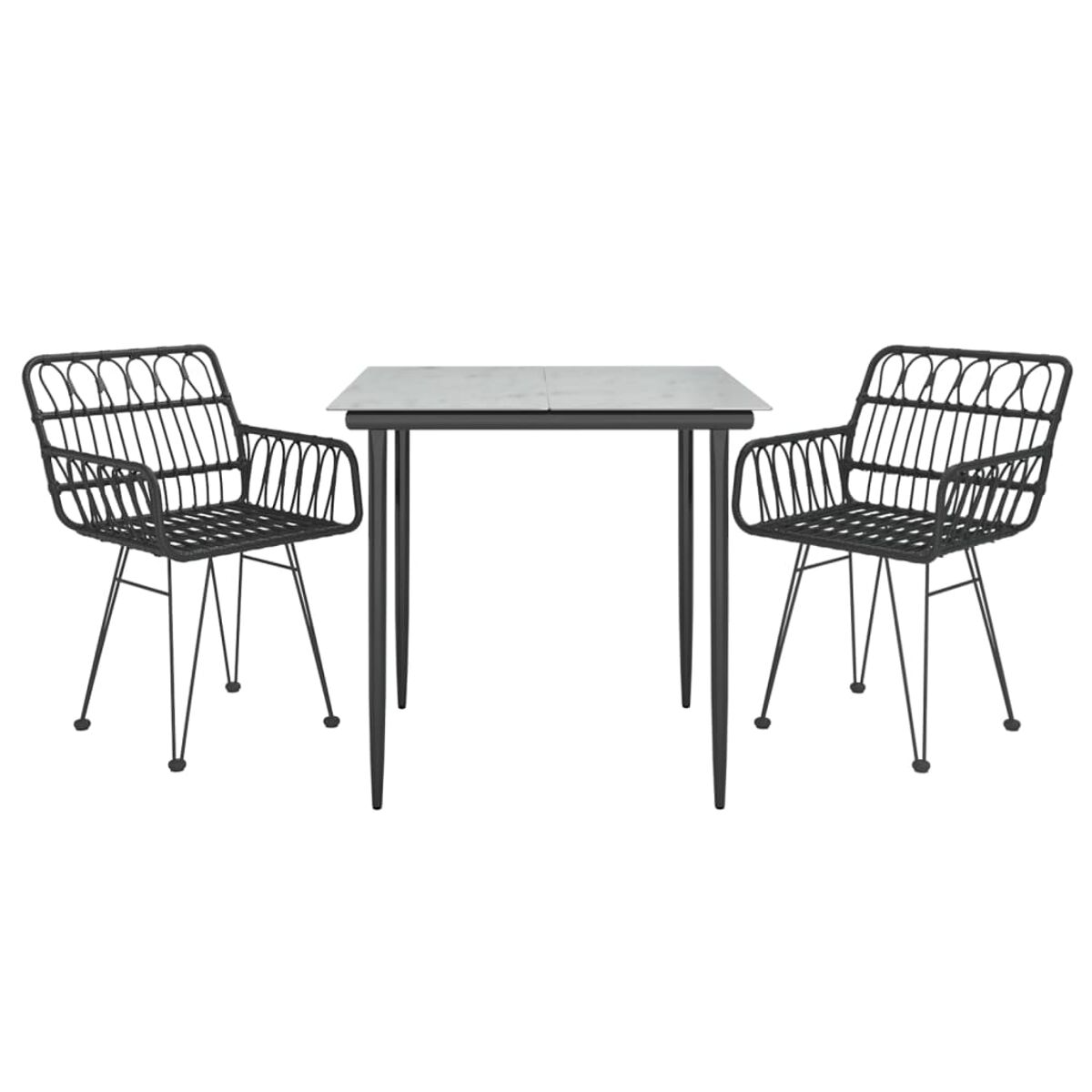 Schwarzes Tisch- und Stuhl-Set mit dekorativem Design.