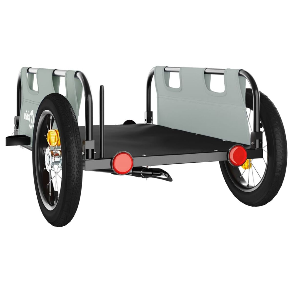 Ein grauer Fahrradanhänger mit zwei Rädern und schwarzer Basis, roten Lichtern und grauen Stoffsitzen.