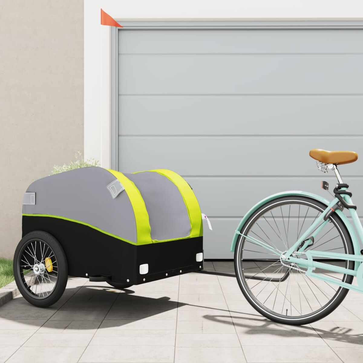 Fahrrad mit Anhänger. Der Anhänger ist grau und schwarz. Er hat einen gelben Streifen.