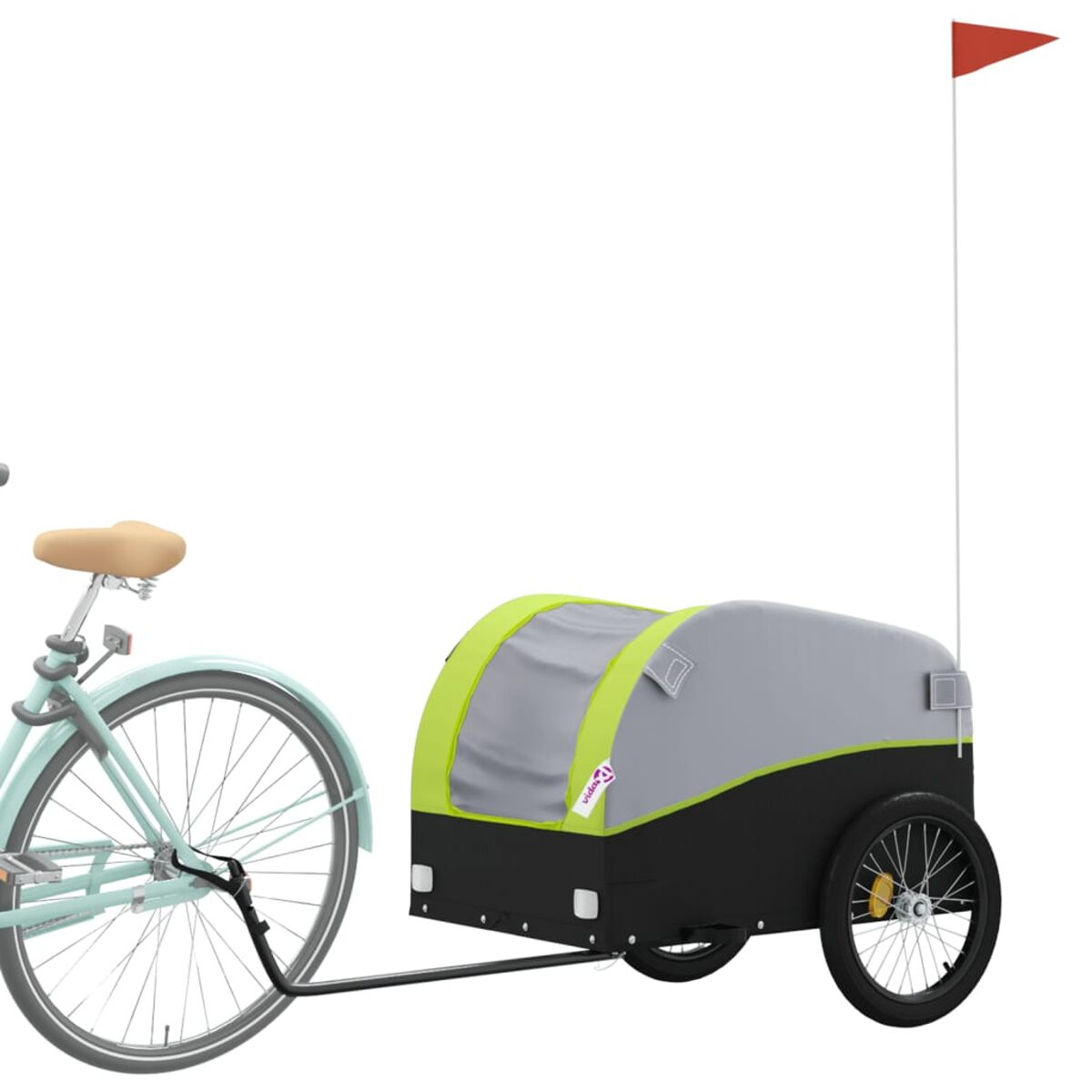 Ein Fahrrad, das einen grün-grauen Anhänger mit roter Fahne zieht. Der Anhänger hat ein grünes Dach.
