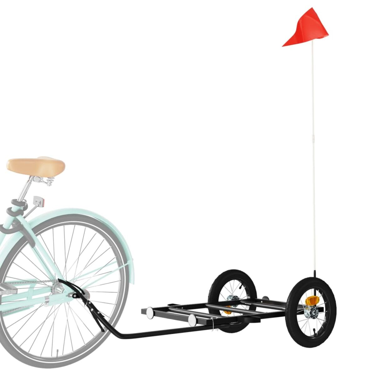 Fahrrad zieht kleinen Anhänger mit roter Flagge. Der Anhänger hat zwei Räder.