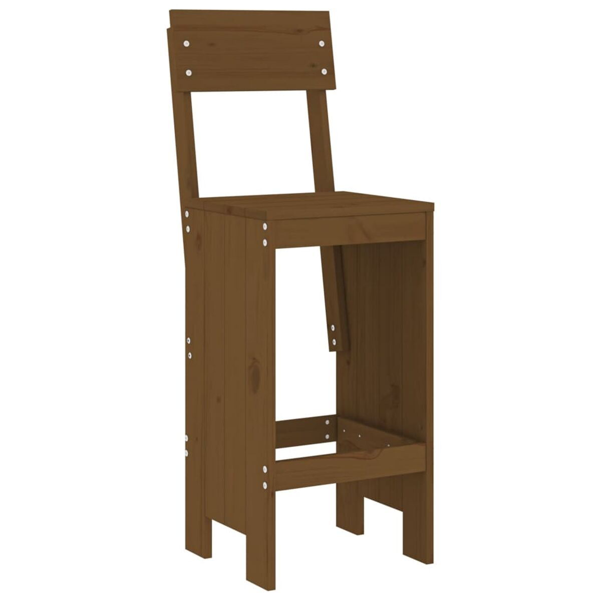 Brauner Barhocker aus Holz. Gerader Rücken, einzelne Fußstütze. Schlichtes Design, helle Leuchte.